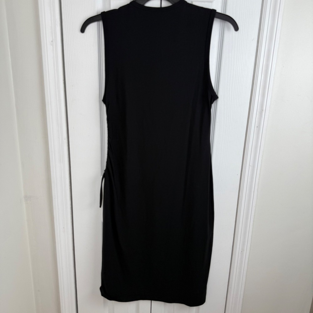Theory Black Sleeveless Ruched Side Midi Dress L Stretchy Bodycon Classic Chic - Picture 7 of 9